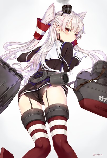 Anime picture 713x1050 with kantai collection amatsukaze destroyer orda single long hair tall image looking at viewer blush fringe light erotic simple background white background brown eyes signed bent knee (knees) ass looking back from below two side up legs