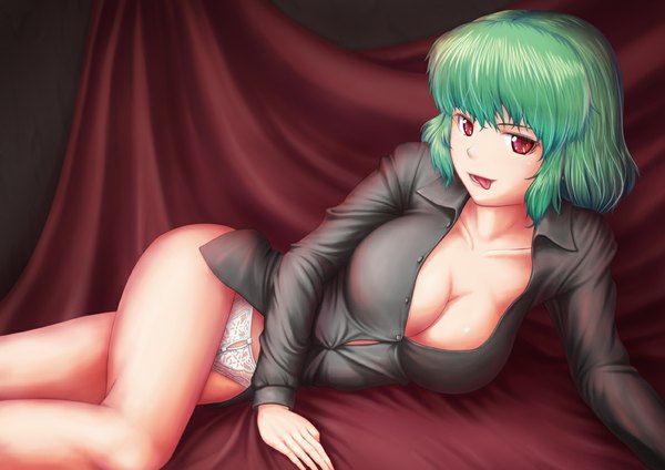 Anime picture 1191x842 with touhou kazami yuuka nazal (artist) single short hair breasts light erotic red eyes cleavage green hair girl underwear panties shirt tongue black shirt