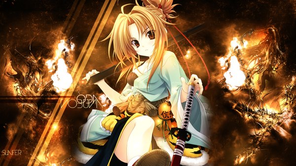 Anime picture 1920x1080 with oda nobuna no yabou oda nobuna sl4ifer single long hair highres blonde hair wide image brown eyes japanese clothes girl ribbon (ribbons) weapon hair ribbon sword belt kimono katana sheath