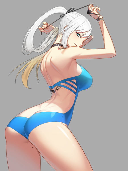 Anime picture 924x1234 with closers harpy (closers) haje single long hair tall image looking at viewer fringe breasts blue eyes light erotic simple background blonde hair hair between eyes large breasts standing bare shoulders payot ass white hair