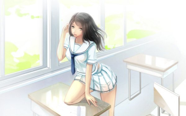 Anime picture 1920x1200 with original kikivi single long hair looking at viewer highres black hair brown eyes bent knee (knees) indoors parted lips wind arm support leaning girl skirt uniform school uniform miniskirt shirt