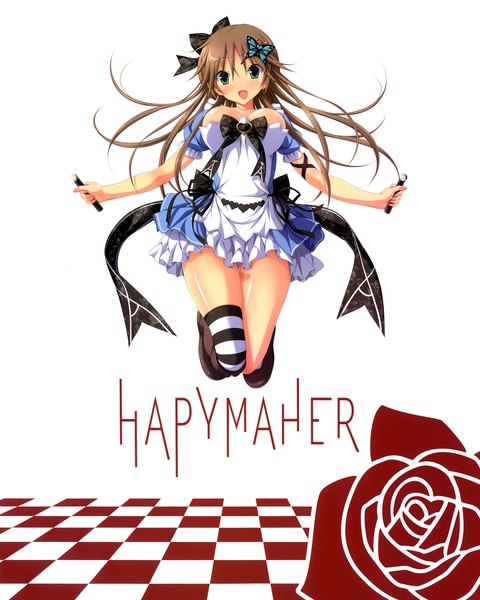 Anime picture 2790x3491 with hapymaher toriumi arisu koku single long hair tall image looking at viewer blush highres open mouth brown hair green eyes girl thighhighs dress hair ornament flower (flowers) rose (roses) single thighhigh butterfly hair ornament