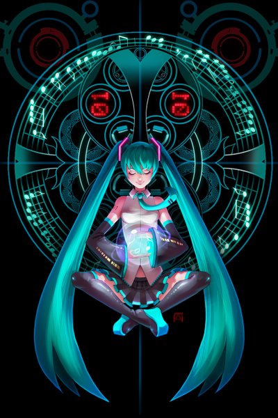 Anime picture 1800x2700 with vocaloid hatsune miku pechan (artist) single tall image highres twintails eyes closed very long hair aqua hair tattoo girl skirt detached sleeves