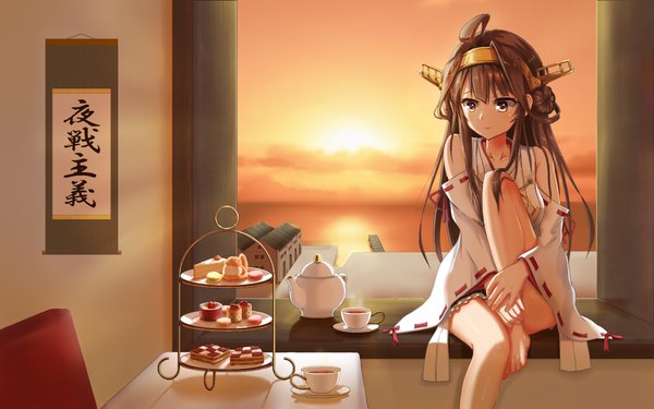 Anime picture 1440x900 with kantai collection kongou battleship fish20107 single long hair brown hair sitting bare shoulders brown eyes looking away traditional clothes barefoot legs evening sunset nontraditional miko girl hair ornament detached sleeves sweets