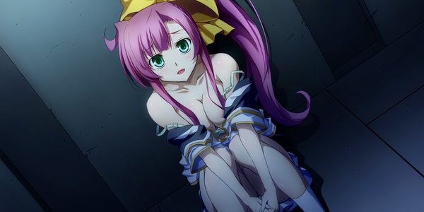 Anime picture 1200x600 with soranica ele (game) hayasaka naki izumi mahiru breasts light erotic wide image green eyes pink hair game cg ponytail girl