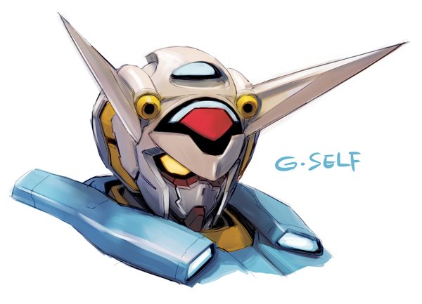 Anime picture 1384x1000 with mobile suit gundam gundam g no reconguista sunrise (studio) g-self shoumaru (gadget box) single simple background white background character names portrait no people mecha