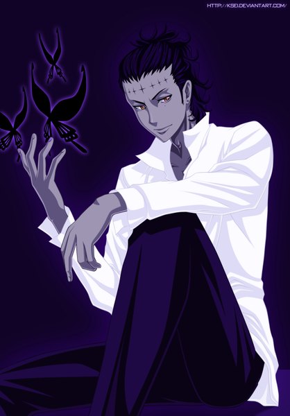Anime picture 1024x1470 with d.gray-man tyki mikk ksei single tall image short hair black hair simple background smile sitting orange eyes coloring boy earrings shirt insect butterfly pants