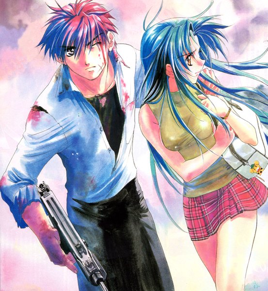 Anime picture 1517x1644 with full metal panic! gonzo chidori kaname sagara sousuke long hair tall image short hair standing bare shoulders brown eyes blue hair pink hair red hair eyes closed profile looking back wind aqua hair open clothes grey eyes