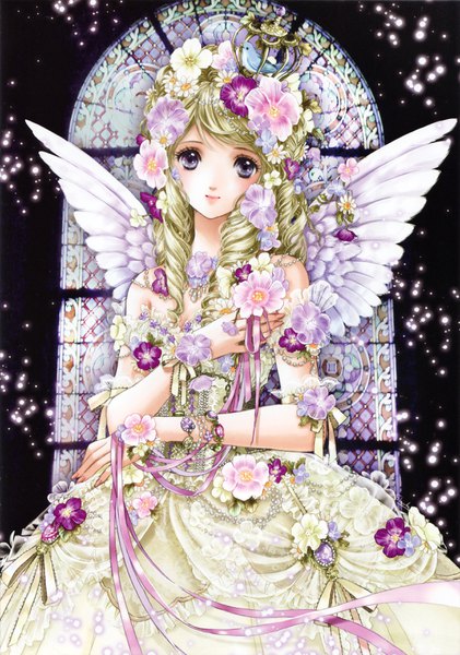 Anime picture 2455x3500 with original shiitake (gensoudou) single long hair tall image looking at viewer highres blonde hair purple eyes hair flower drill hair angel wings animal on head bird on head girl dress flower (flowers) ribbon (ribbons) animal wings
