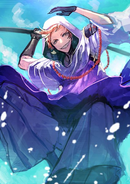 Anime picture 600x849 with touken ranbu nitroplus iwatooshi mura karuki single tall image looking at viewer short hair smile sky cloud (clouds) traditional clothes japanese clothes orange hair teeth from below jumping sharp teeth boy gloves