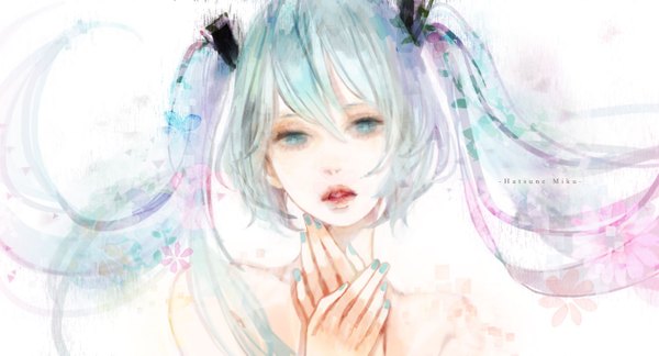 Anime picture 1350x729 with vocaloid hatsune miku miya (akatabi dante) single long hair looking at viewer fringe wide image twintails bare shoulders nail polish parted lips aqua eyes aqua hair inscription teeth hands clasped girl flower (flowers) hands