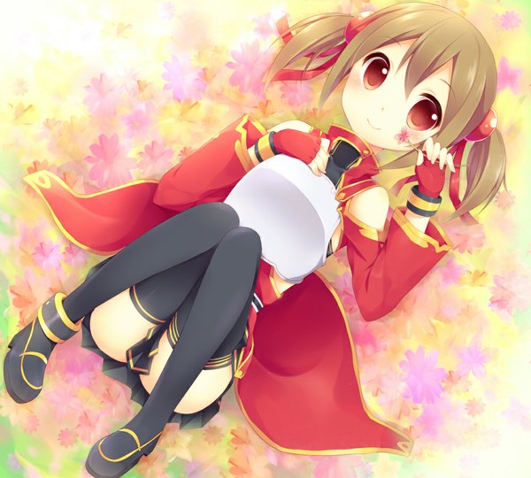 Anime picture 1000x900 with sword art online a-1 pictures silica hazuki (sutasuta) single smile red eyes brown hair twintails lying short twintails girl thighhighs skirt flower (flowers) black thighhighs detached sleeves miniskirt fingerless gloves