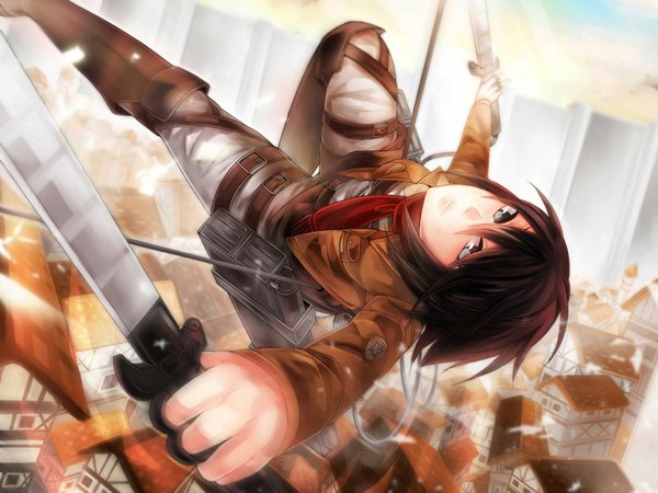 Anime picture 1000x750 with shingeki no kyojin production i.g mikasa ackerman rumine single looking at viewer fringe short hair brown hair holding dual wielding weightlessness girl uniform weapon scarf building (buildings) pants knee boots buttons