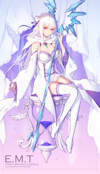 イラスト 1909x3305 と re:ゼロから始める異世界生活 white fox エミリア(リゼロ) 超凶の狄璐卡 ソロ 長髪 長身像 カメラ目線 前髪 highres おっぱい 座る 紫目 signed cleavage 全身 white hair 三つ編み エルフ耳 wide sleeves