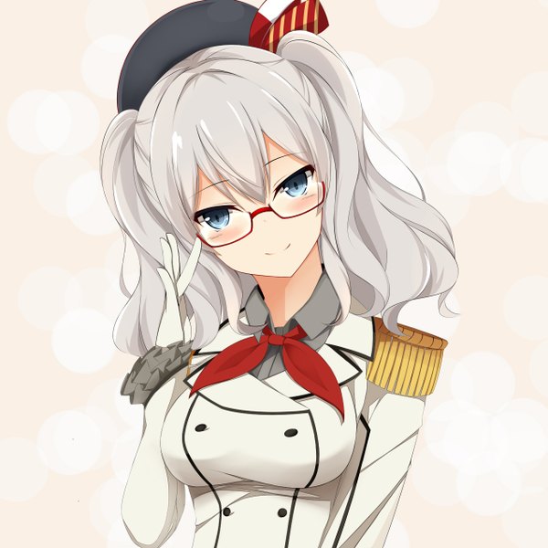Anime picture 1276x1276 with kantai collection kashima training cruiser cain (inosennto007) single long hair looking at viewer blush blue eyes smile white background silver hair girl gloves glasses white gloves epaulettes