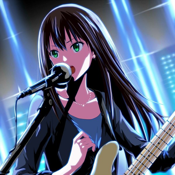 Anime picture 1000x1000 with idolmaster idolmaster cinderella girls shibuya rin no10 (artist) single long hair fringe open mouth black hair holding green eyes looking away light close-up glow singing girl earrings pendant microphone