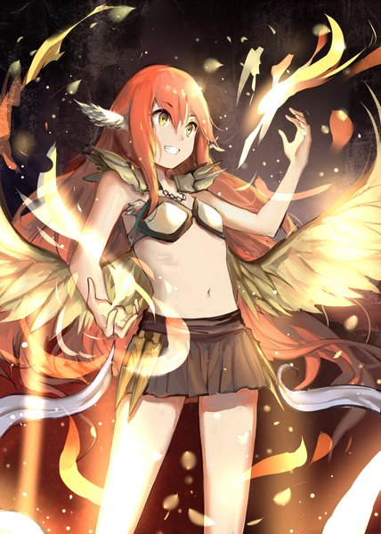 Anime picture 1600x2240 with original sishenfan single long hair tall image fringe open mouth bare shoulders yellow eyes looking away red hair pleated skirt bare belly bare legs magic head wings white wings clenched teeth girl skirt
