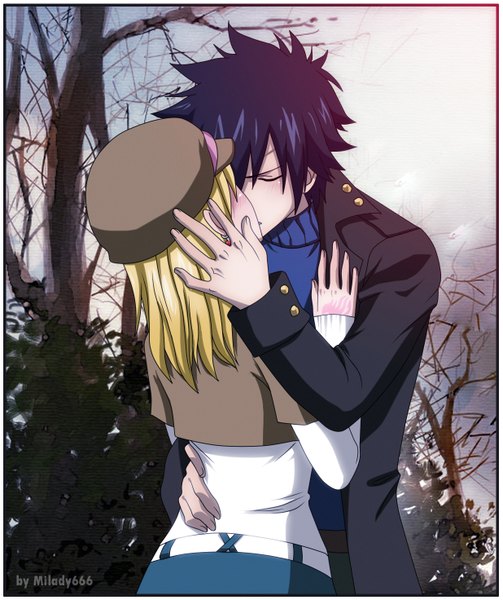 Anime picture 1235x1472 with fairy tail lucy heartfilia gray fullbuster milady666 long hair tall image blush short hair black hair blonde hair eyes closed sunlight tattoo hug face to face framed kiss girl boy plant (plants)