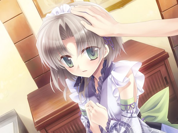 Anime picture 1024x768 with nadeshiko drip kozakura kurumi short hair green eyes game cg grey hair girl headdress maid headdress