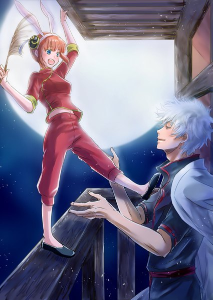 Anime picture 2150x3035 with gintama sunrise (studio) sakata gintoki kagura (gintama) uro (16943118) tall image blush fringe highres short hair open mouth blue eyes smile hair between eyes standing animal ears silver hair orange hair night bunny ears