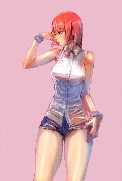 Anime picture 1000x1482 with original bow (bhp) single tall image fringe short hair simple background green eyes looking away red hair legs sleeveless adjusting hair pink background girl shirt shorts bracelet short shorts