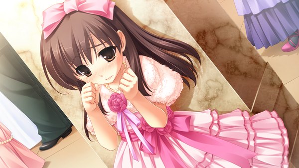 Anime picture 2048x1152 with midori no umi michiru (midori no umi) yukie (peach candy) long hair highres black hair wide image brown eyes game cg loli tears dress child (children)