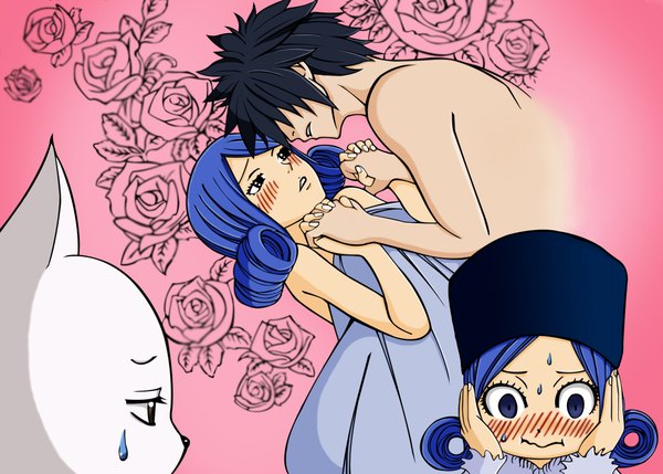 Anime picture 2000x1430 with fairy tail gray fullbuster juvia lockser charle (fairy tail) long hair blush highres blue eyes black hair simple background brown eyes blue hair sweat coloring holding hands topless muscle face to face girl dress