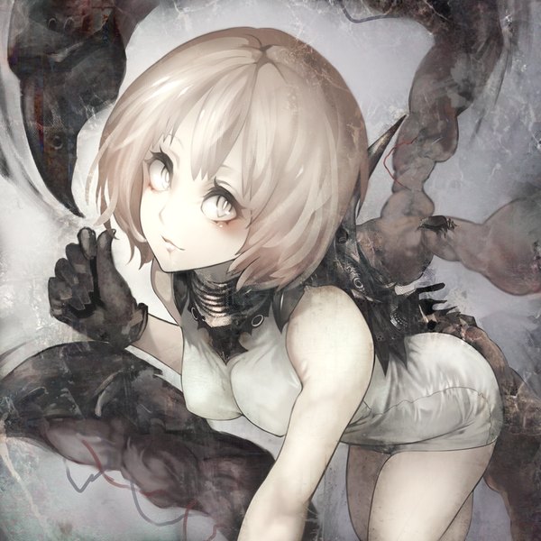 Anime picture 950x950 with original akaikitsune single looking at viewer short hair tail sleeveless silver eyes monster girl girl dress gloves black gloves short dress