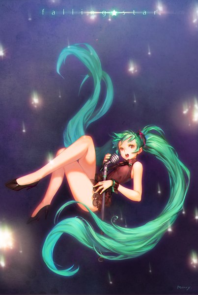 Anime picture 1007x1500 with vocaloid hatsune miku morry single tall image open mouth red eyes twintails bare shoulders very long hair aqua hair crossed legs dark background girl dress hair ornament microphone stand