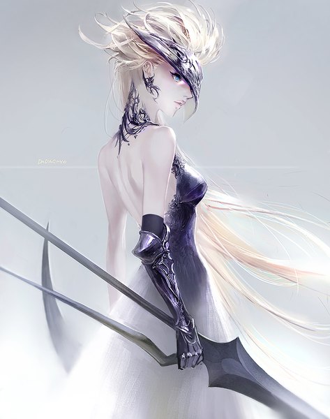 Anime picture 870x1104 with original dadachyo single long hair tall image blue eyes simple background blonde hair bare shoulders signed looking away profile blurry realistic grey background bare back spiked hair girl dress weapon