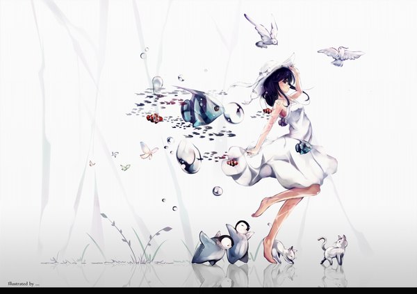 Anime picture 1920x1355 with original oyeung single highres short hair black hair white background brown eyes full body profile barefoot girl hat animal bird (birds) insect butterfly sundress fish (fishes) penguin