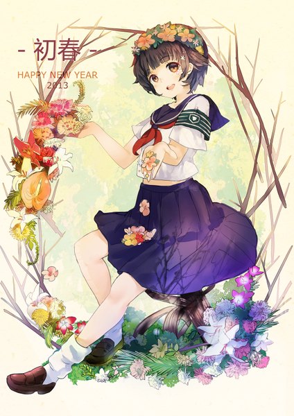 Anime picture 1100x1556 with to aru kagaku no railgun to aru majutsu no index j.c. staff uiharu kazari yukizakura (neon-neon) single tall image looking at viewer fringe short hair open mouth brown hair brown eyes full body inscription happy new year girl flower (flowers) socks serafuku