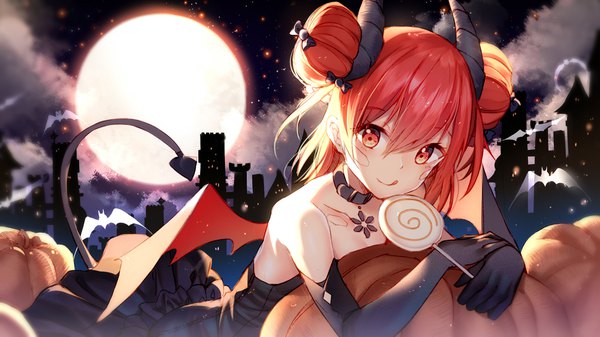 Anime picture 1920x1080 with idollers bison cangshu single long hair looking at viewer blush fringe highres hair between eyes red eyes wide image bare shoulders holding cloud (clouds) red hair tail lying horn (horns) night hair bun (hair buns)