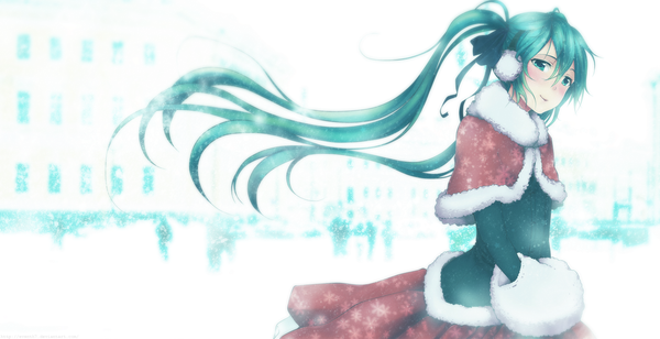 Anime picture 1674x860 with vocaloid hatsune miku eventh7 single long hair blush smile wide image twintails green eyes green hair wind fur trim snow snowflake print girl ribbon (ribbons) hair ribbon fur snowflake (snowflakes)