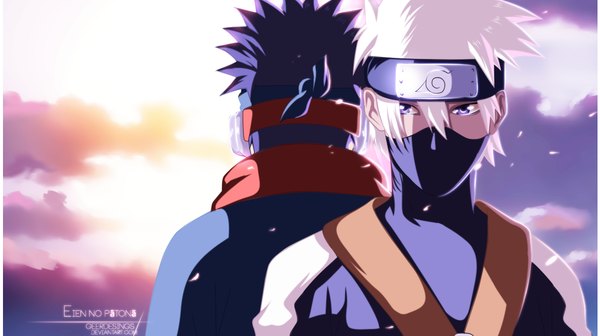 Anime picture 1208x678 with naruto studio pierrot naruto (series) hatake kakashi uchiha obito igeerr short hair wide image purple eyes sky purple hair cloud (clouds) white hair sunlight inscription coloring back to back boy mask sun