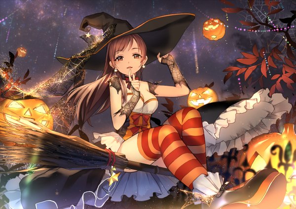 Anime picture 1400x990 with idolmaster idolmaster cinderella girls nitta minami yukizakura (neon-neon) single long hair looking at viewer brown hair sky night night sky finger to mouth halloween witch broom riding girl thighhighs dress hat earrings