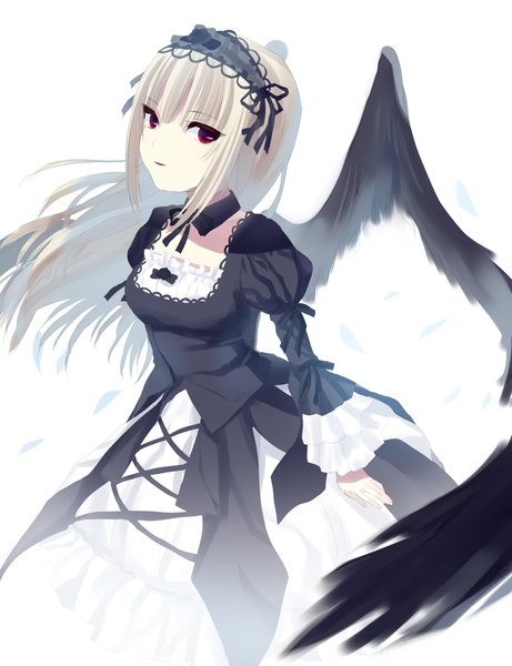 Anime picture 1000x1300 with rozen maiden suigintou hikaru kirara single long hair tall image looking at viewer blush open mouth simple background blonde hair red eyes white background light smile black wings lolita fashion goth-loli girl dress hair ornament