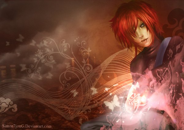 Anime picture 3508x2480 with naruto studio pierrot naruto (series) gaara simon7jong highres short hair green eyes absurdres red hair lips realistic tattoo magic light jinchuriki boy insect butterfly