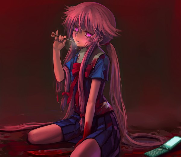 Anime picture 1153x1000 with mirai nikki gasai yuno single long hair twintails pink hair pink eyes low twintails saliva girl skirt uniform bow school uniform blood blue skirt knife phone