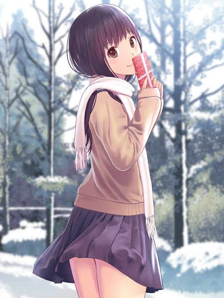Anime picture 857x1143 with original kurei mamoru single long hair tall image looking at viewer fringe smile brown hair standing holding brown eyes pleated skirt bare tree girl skirt plant (plants) tree (trees) scarf sweater