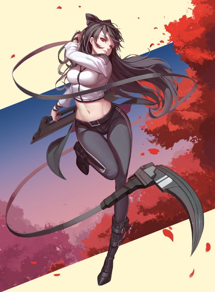 Anime picture 2812x3802 with rwby rooster teeth blake belladonna nian (zhanian) single long hair tall image looking at viewer fringe highres black hair red eyes standing white background holding sky bent knee (knees) outdoors head tilt arm up