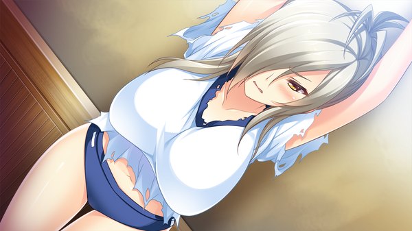 Anime picture 1280x720 with tsuyokiss next single long hair blush fringe breasts light erotic wide image large breasts yellow eyes game cg silver hair hair over one eye torn clothes girl uniform gym uniform