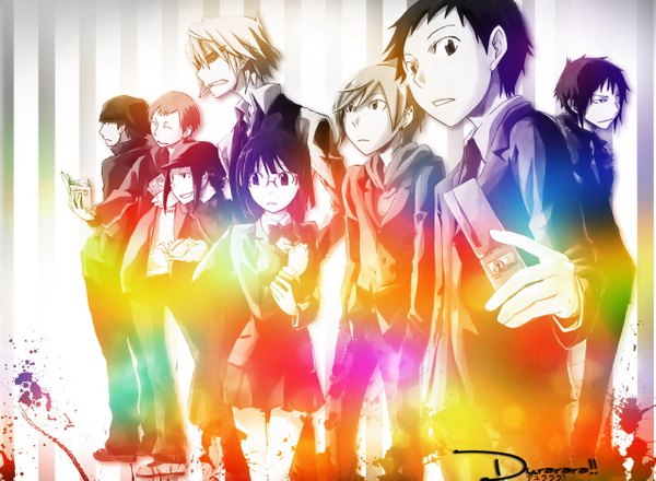 Anime picture 1279x939 with durarara!! brains base (studio) orihara izaya heiwajima shizuo sonohara anri kida masaomi ryuugamine mikado kadota kyohei yumasaki walker karisawa erika multiple girls multiple boys group smoking 6+ boys girl boy 2 girls 6 boys