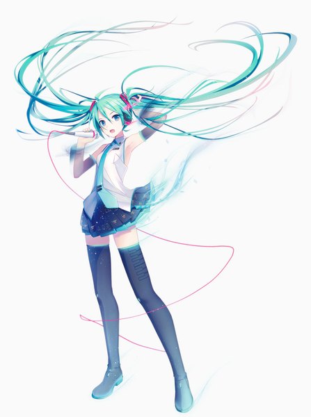 Anime picture 841x1128 with vocaloid hatsune miku hatsune miku (vocaloid3) ixima single tall image open mouth blue eyes simple background white background twintails very long hair wind aqua hair girl skirt detached sleeves boots headphones thigh boots