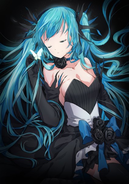 Anime picture 874x1240 with vocaloid hatsune miku xiawenjie1990 single tall image fringe breasts simple background twintails bare shoulders cleavage eyes closed very long hair light smile aqua hair black background sleeping butterfly on hand girl thighhighs