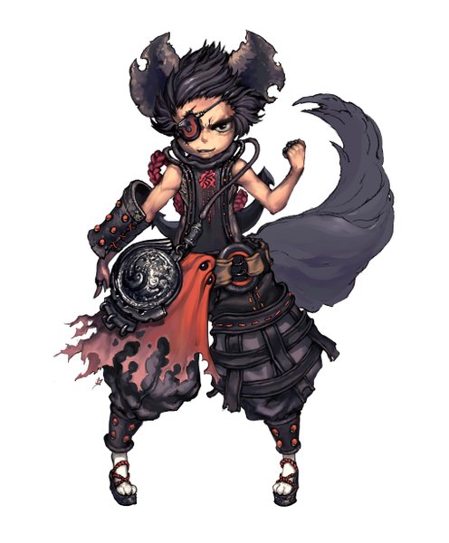 Anime picture 4068x4921 with blade & soul lyn (blade & soul) single tall image highres short hair black hair simple background white background animal ears absurdres tail black eyes boy armor eyepatch fist