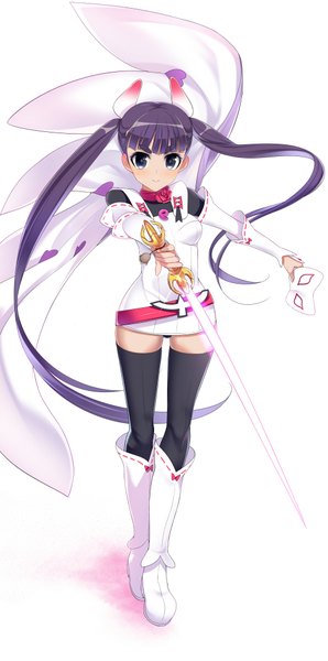Anime picture 1000x2012 with sekai seifuku komadori renge dragonmaterial single long hair tall image blush blue eyes simple background smile white background twintails purple hair girl thighhighs weapon black thighhighs sword boots