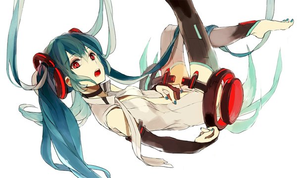 Anime picture 1196x718 with vocaloid hatsune miku lowe (slow) single long hair open mouth red eyes wide image white background twintails bare shoulders nail polish looking back barefoot aqua hair falling toenail polish girl thighhighs choker