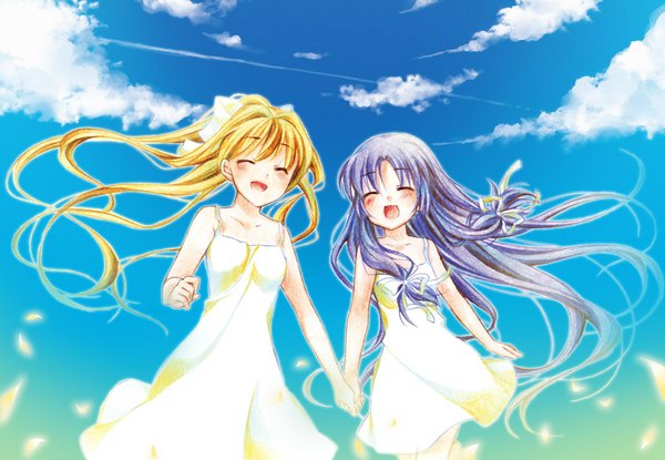 Anime picture 1049x727 with air key (studio) kamio misuzu kanna touon long hair open mouth blonde hair multiple girls sky purple hair cloud (clouds) eyes closed holding hands happy tress ribbon girl ribbon (ribbons) 2 girls hair ribbon