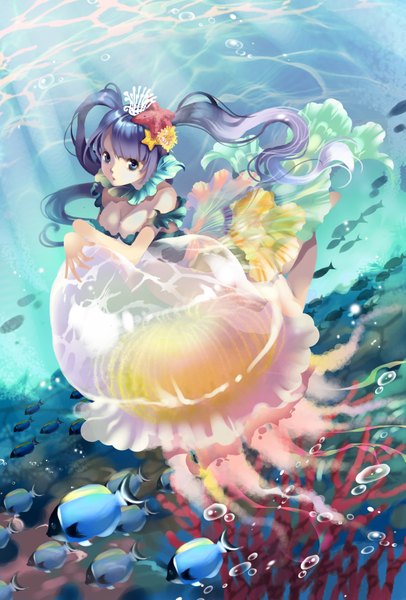 Anime picture 2362x3490 with original chushengdao single long hair tall image looking at viewer highres blue eyes blonde hair twintails underwater girl dress hair ornament bubble (bubbles) fish (fishes) jellyfish